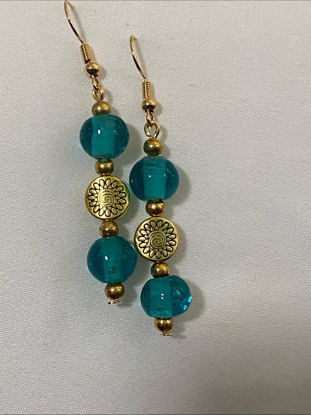 Gold Floral Disc Earrings with Teal Beads